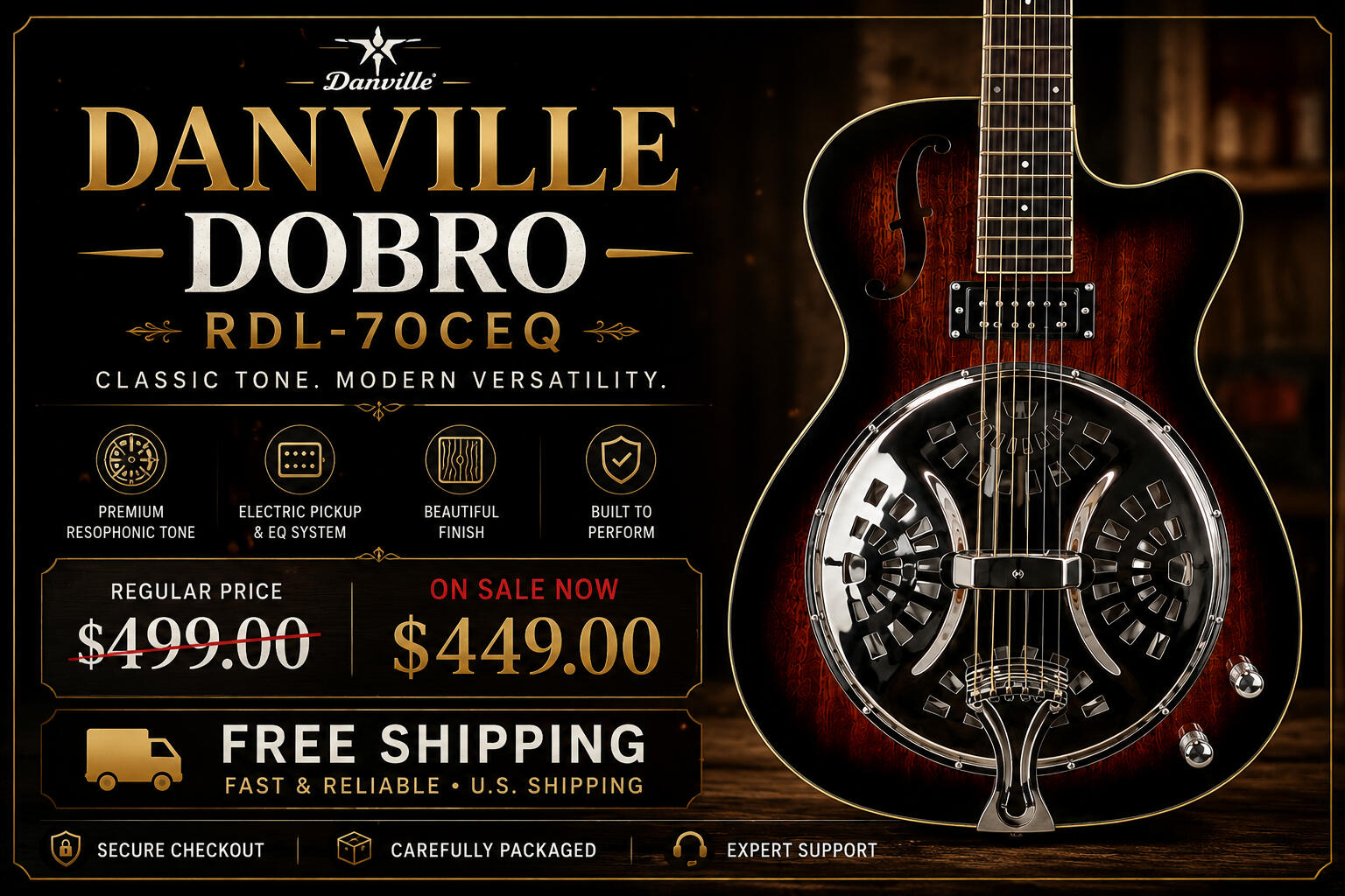 Danville RDL-70CEQ Electric Resonator Guitar — classic Dobro-style resonator tone with an electric pickup for amplified performance. Regularly $499, currently $449 with free shipping.