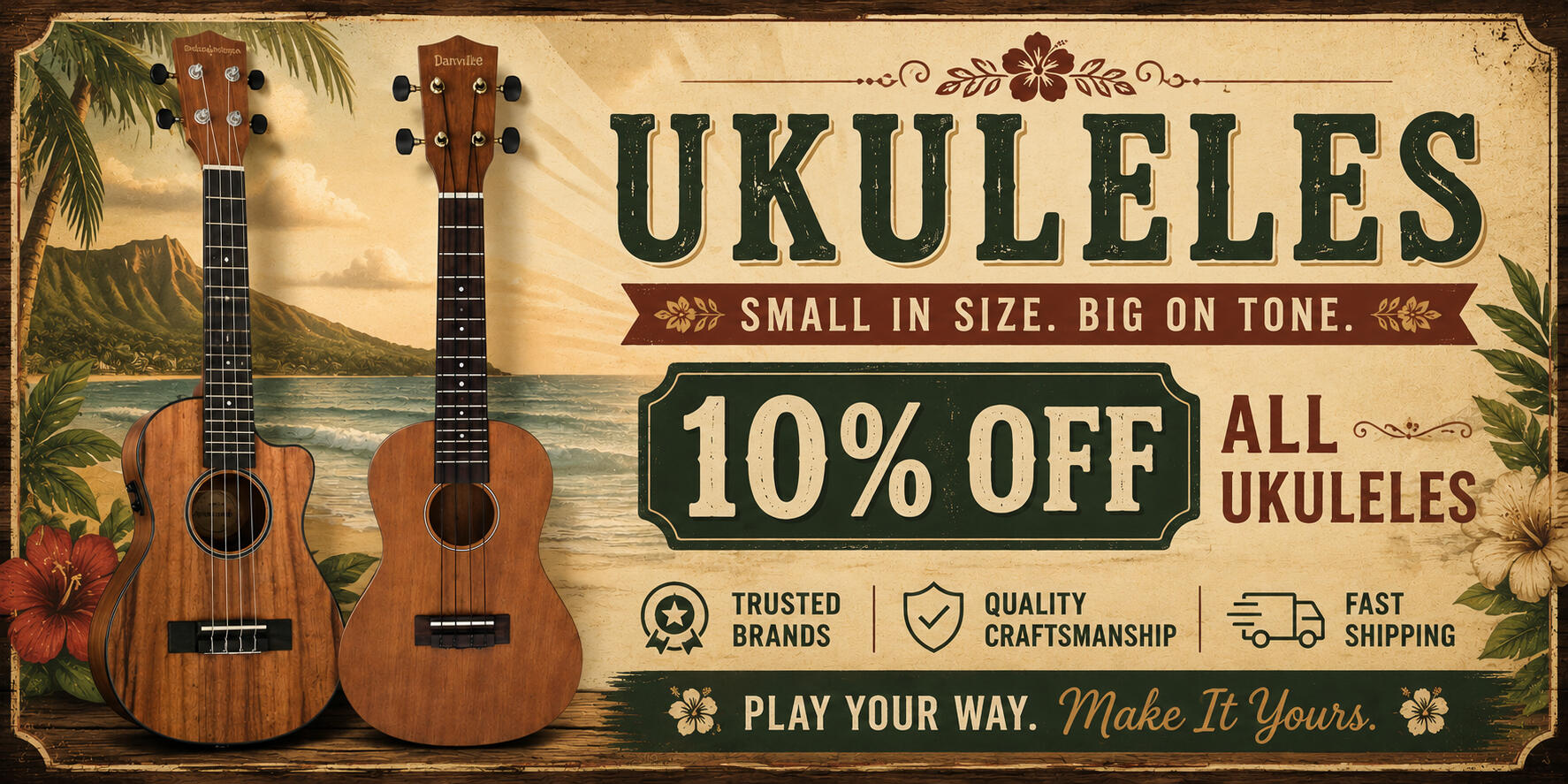Shop Ukuleles | Concert, Tenor & Soprano Ukuleles | Universal Music Supply Banner promoting concert, tenor, and soprano ukuleles. Shop quality ukuleles with fast shipping from Universal Music Supply.
