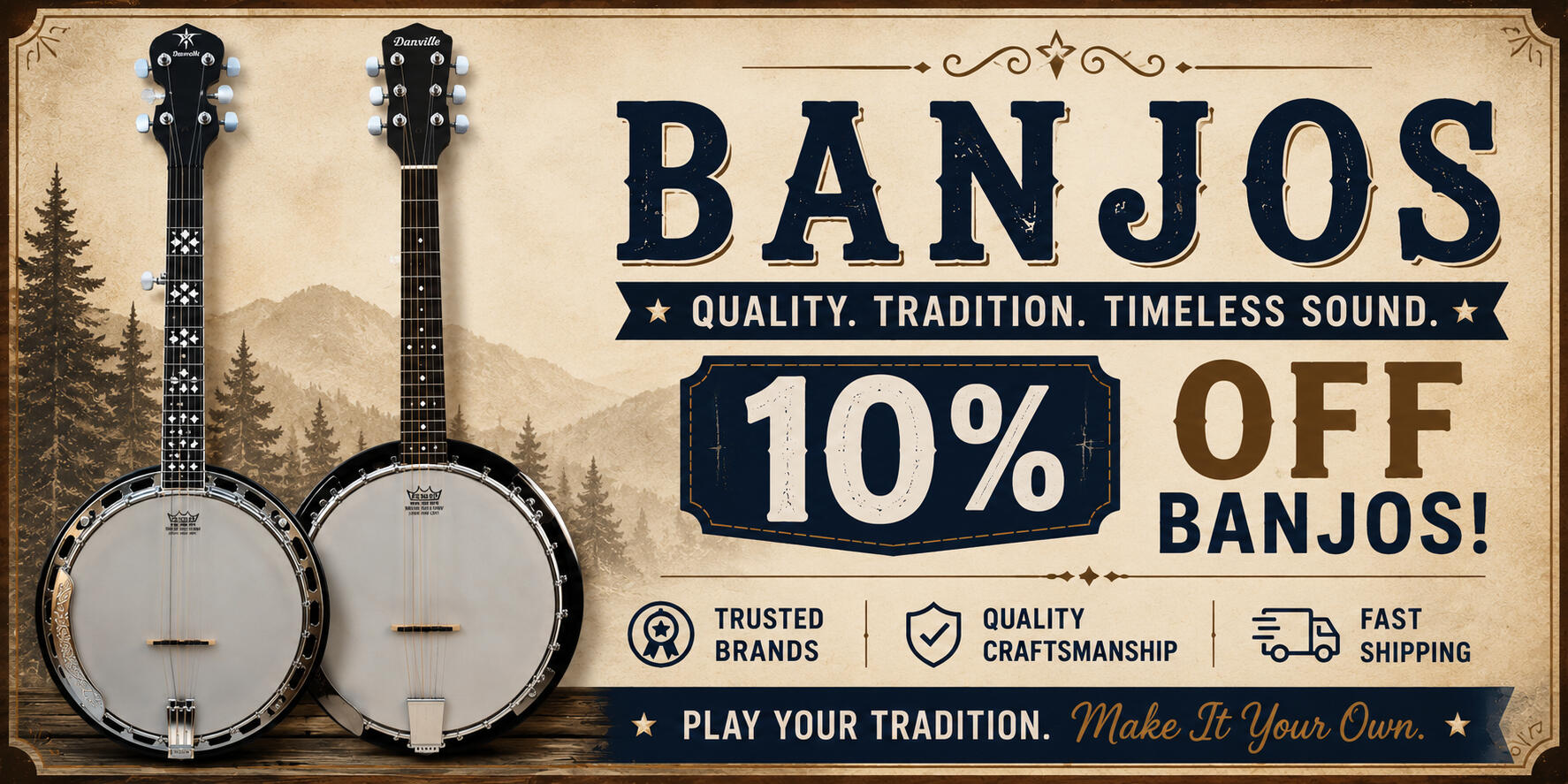 hop Folk Instruments | Banjos, Mandolins, Ukuleles & More Banner promoting folk instruments including a banjo, mandolin, and ukulele. Shop quality folk and acoustic instruments with fast shipping from Universal Music Supply..